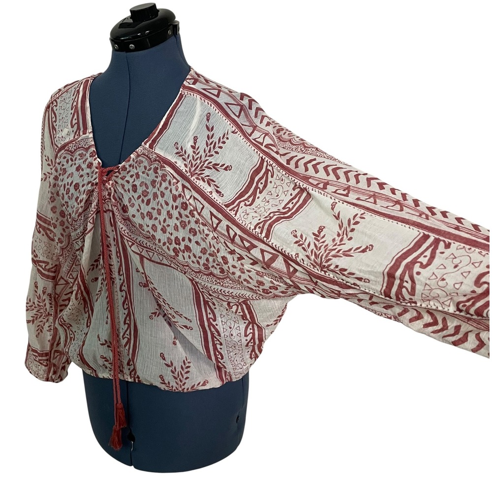 Free People Yo Yo Geo Peasant Blouse Red Cream Paisley Lace Up Tassel Boho M - Picture 4 of 16